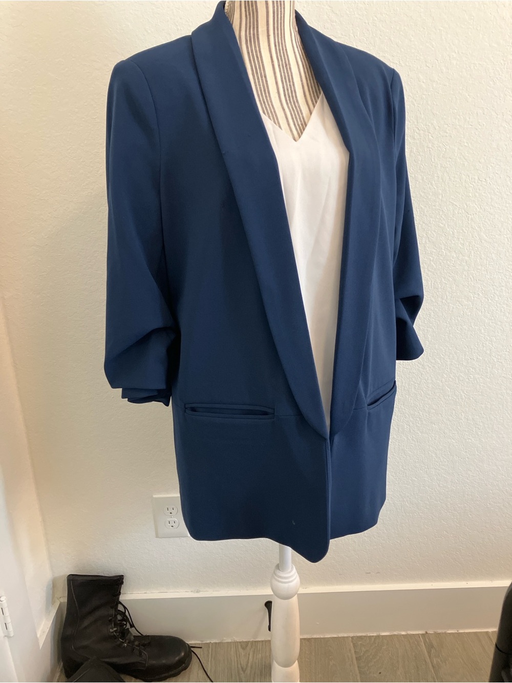 Time and Tru Navy Open-Front Blazer with Rolled Sleeves